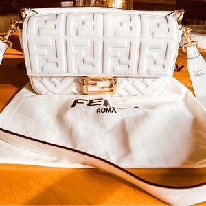 FENDI Baguette Leather Embossed Shoulder Bag White